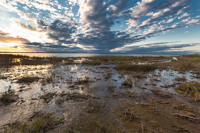 Costa del Mar de Ansenuza con bañados y cielo al atardecer, Parque Nacional Ansenuza, Córdoba